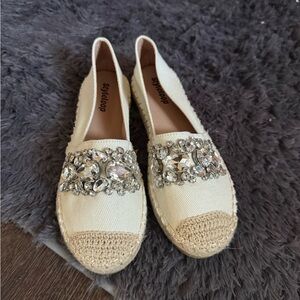 Cream Espadrille Flats with Crystal Embellishments